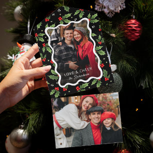Bold Black Christmas Holly Wavy Frame Foto All In One Einladung