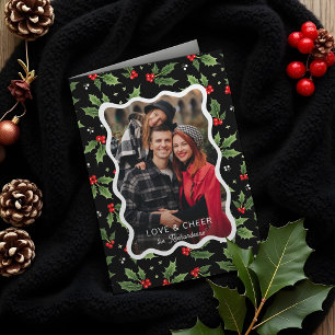 Bold Black Christmas Holly Wavy Frame Foto Feiertagskarte
