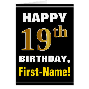 Bold, Black, Faux Gold 19th Birthday w/ Name Card