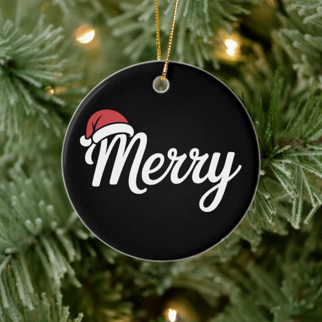Bold Black Merry Christmas Santa Hat Keramik Ornament (Baum)