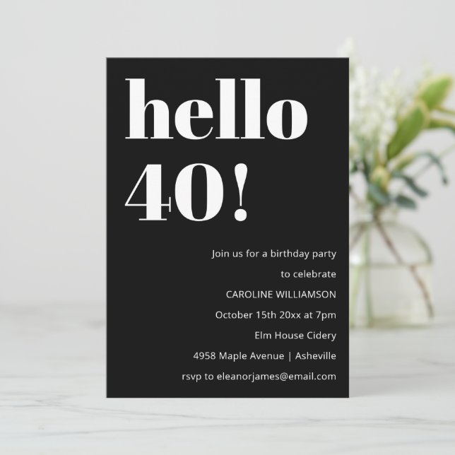 Bold Black White Modern Chic 40th Birthday Party Einladung (Stehend Vorderseite)