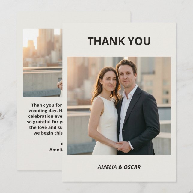 Bold Black White Photo Modern Wedding Custom Dankeskarte (Vorne/Hinten)