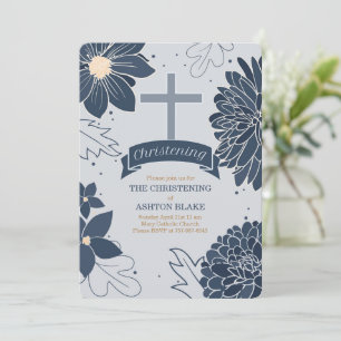 Bold Blue Botanicals mit Cross Christening Einladung