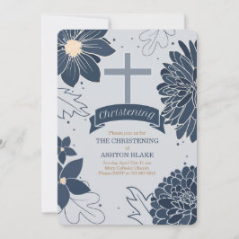 Bold Blue Botanicals mit Cross Christening Einladung