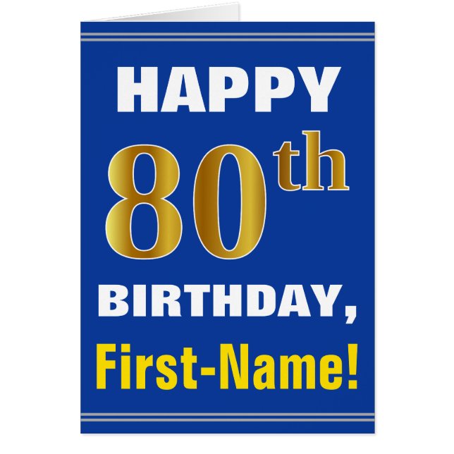 Bold, Blue, Faux Gold 80th Birthday w/ Name Card (Devant)