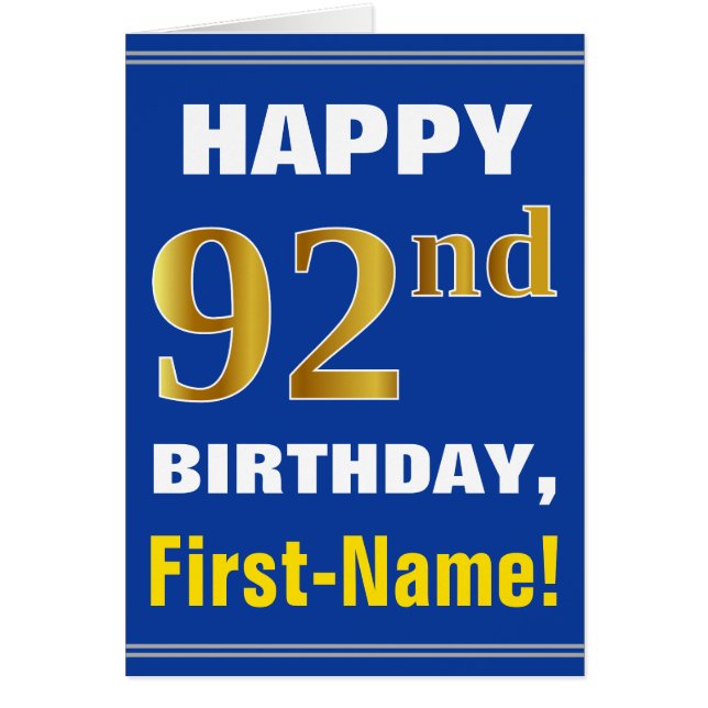 Bold, Blue, Faux Gold 92e anniversaire avec carte  (Devant)