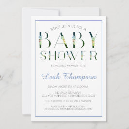 Bold Blue Floral Letters Baby Boy Dusche Einladung
