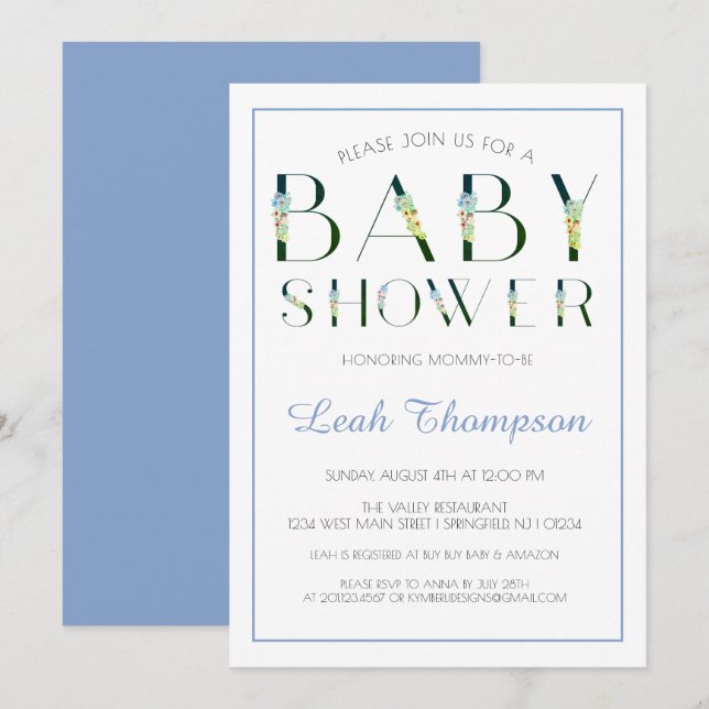 Bold Blue Floral Letters Baby Boy Dusche Einladung (Vorne/Hinten)