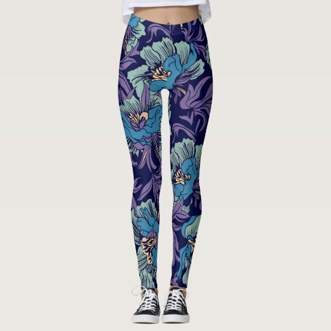 Bold Blue & Teal Botanical Print Floral Pattern  Leggings (Vorderseite)