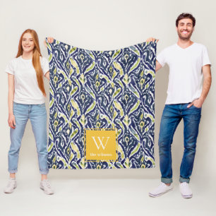 Bold Blue Yellow Abstrakt Classy Ikat Monogram Fleecedecke