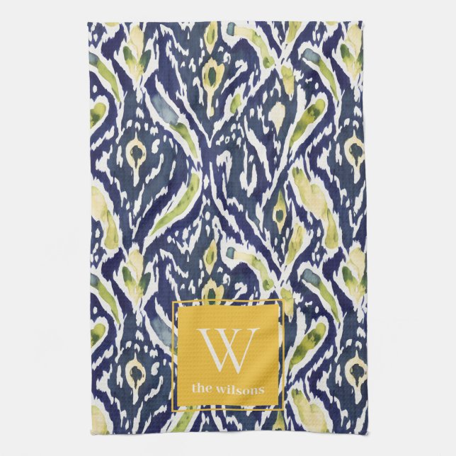 Bold Blue Yellow Abstrakt Classy Ikat Monogram Geschirrtuch (Vertikal)