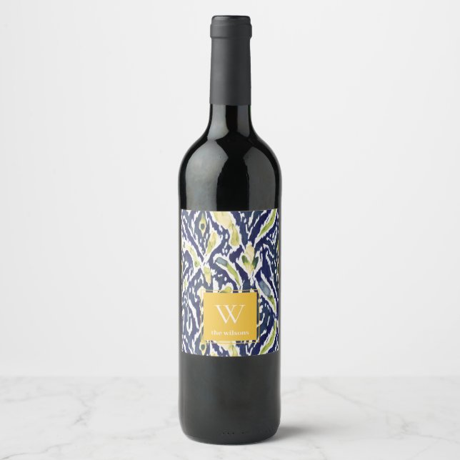 Bold Blue Yellow Abstrakt Classy Ikat Monogram Weinetikett (Vorderseite)