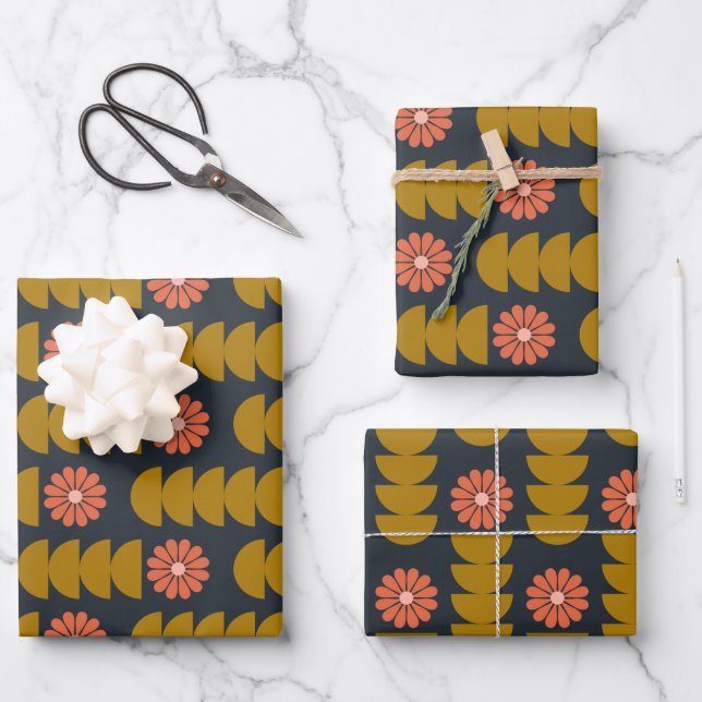 Bold Boho Botanical Geometric Blue Gold Geschenkpapier Set (Vorderseite)