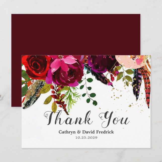 Bold Boho Burgundy Floral Wedding Flat Dankeskarte (Vorne/Hinten)