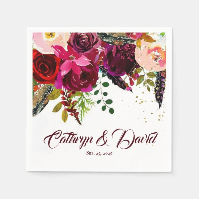 Bold Boho Burgundy Floral Wedding Personalisiert Serviette (Vorderseite)