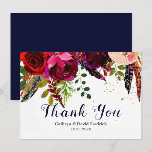 Bold Boho Burgundy Navy Floral Wedding Flat Dankeskarte