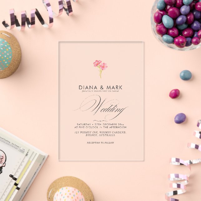 Bold Boho Pink Trendy Wildblume Einzigartige Hochz Acryleinladungen (Insitu (Feier))