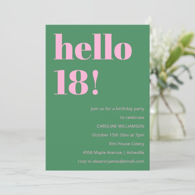 Bold Bright Modern Retro Pink Green 18th Birthday Einladung (Stehend Vorderseite)