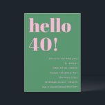 Bold Bright Modern Retro Pink Green 40th Birthday Einladung<br><div class="desc">This modern birthday invitation in pink and green pairs bold, playful typography with a fresh, retro-inspired color combination for a statement-making look. The clean layout highlights the milestone age while keeping the overall design fun, stylish, and easy to read. Ideal for 40th birthdays and other adult celebrations, from casual gatherings...</div>
