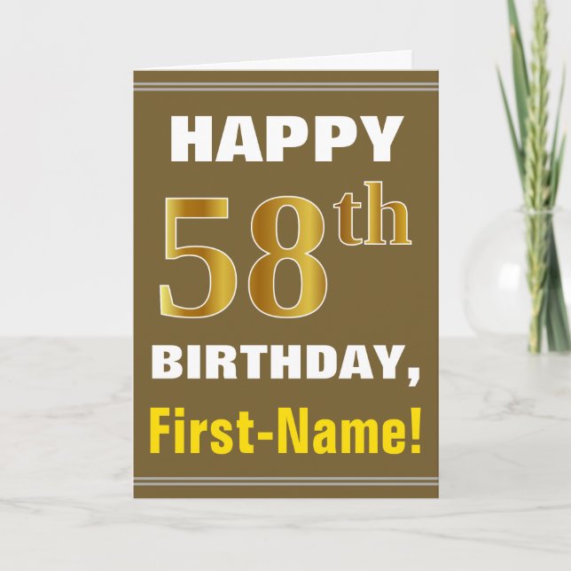 Bold, Brown, Falsch Gold 58th Birthday w/ Name Car Karte (Vorderseite)