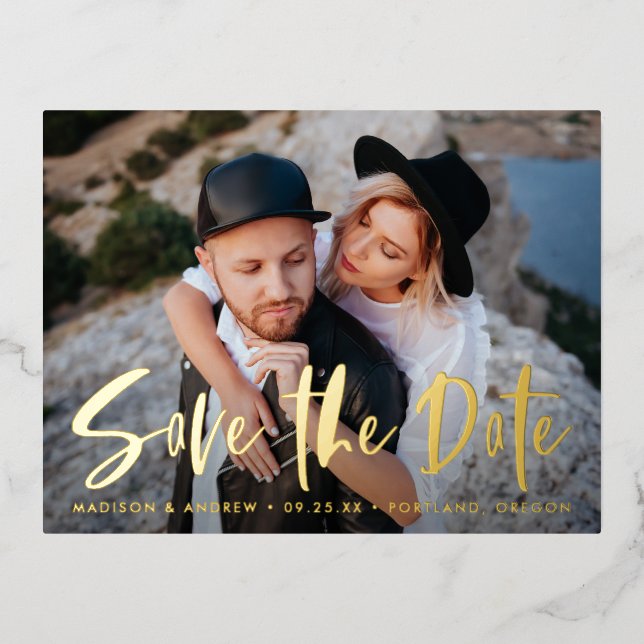 Bold Brush Script-Foto Save the Date Folie Einladungspostkarte (Vorderseite)