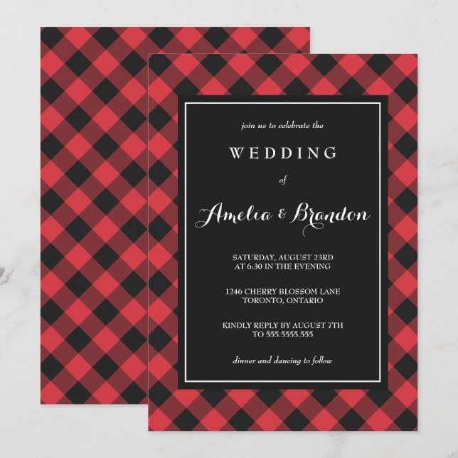 Bold Buffalo Kariert Red & Black Wedding Einladung (Vorne/Hinten)