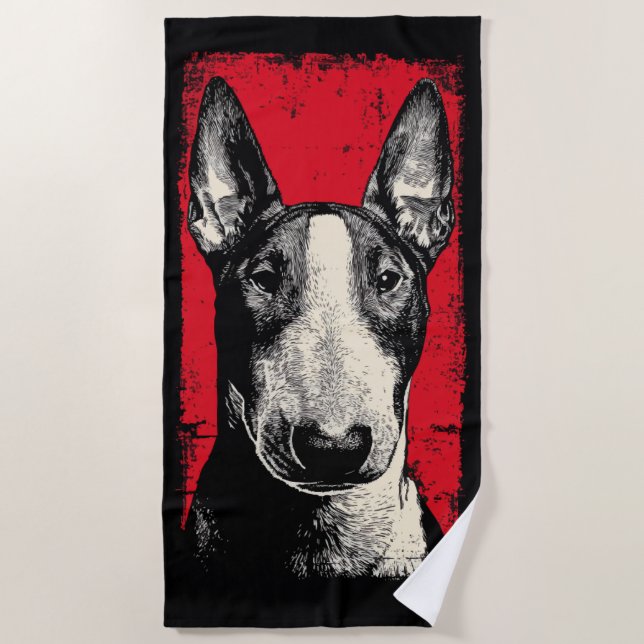 Bold Bull Terrier Portrait Red Background Strandtuch (Vorderseite)