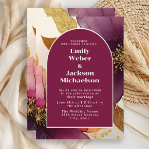 Bold Burgundy Plum Gold Floral Arch Wedding Einladung