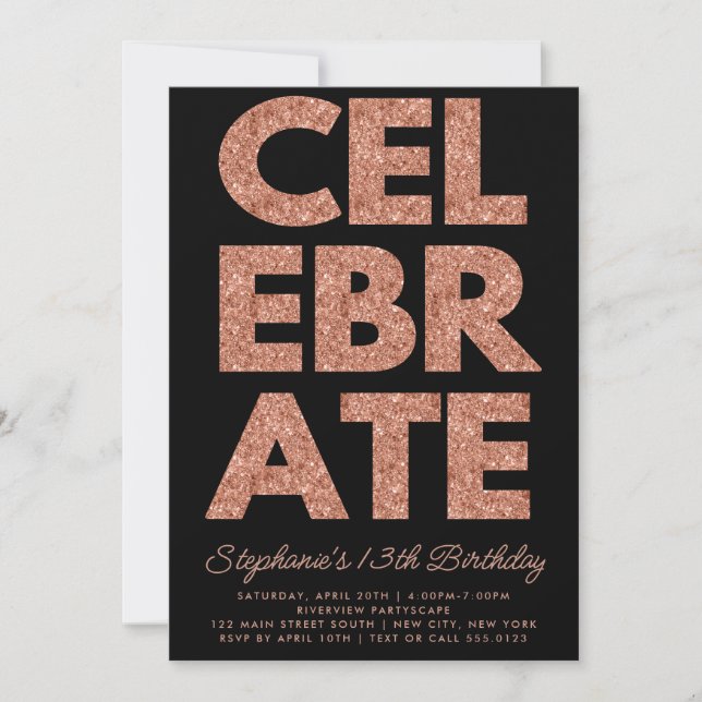 Bold CELEBRATE Black, Rose Gold Glitzer Geburtstag Einladung (Vorderseite)