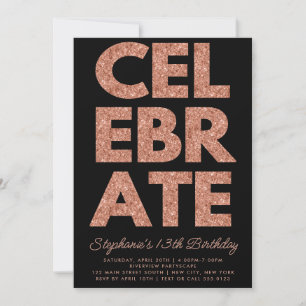 Bold CELEBRATE Black, Rose Gold Glitzer Geburtstag Einladung