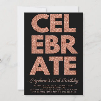 Bold CELEBRATE Black, Rose Gold Glitzer Geburtstag Einladung