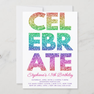 Bold CELEBRATE Rainbow Glitzer Geburtstag Einladung