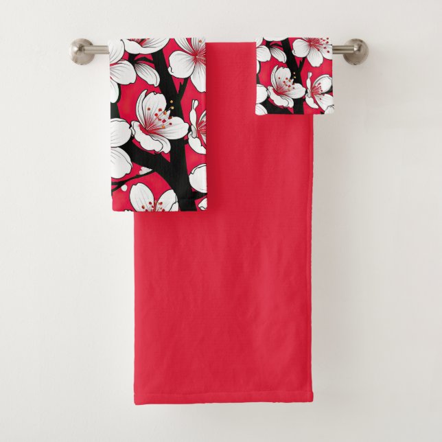 Bold Cherry Blossom Illustration on Red Badhandtuch Set (Insitu)