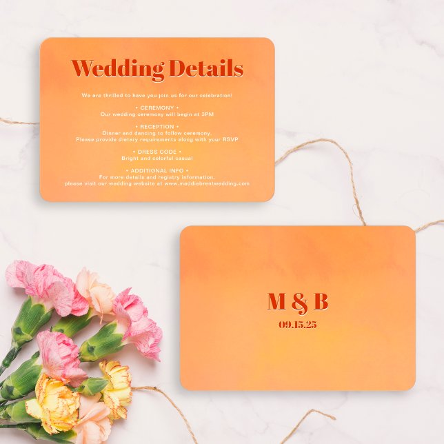 Bold Chic Orange Sunset Monogram Wedding Details Begleitkarte (Von Creator hochgeladen)