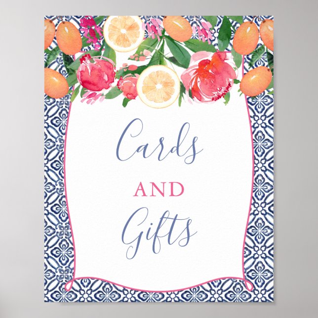Bold Citrus Florals Blue Tiles Cards und Geschenke Poster (Vorne)