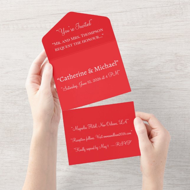 Bold Classic Red Background – Wedding Design All In One Einladung (Abreißtisch)