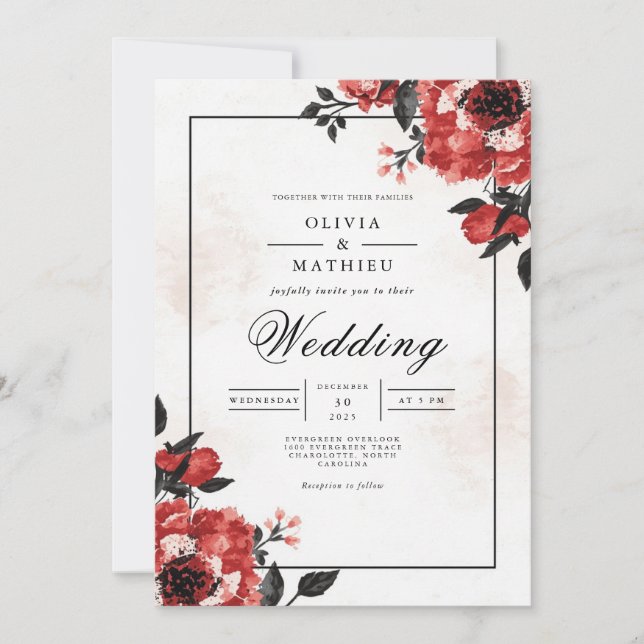 Bold Crimson Bloom Wedding Einladung (Vorderseite)