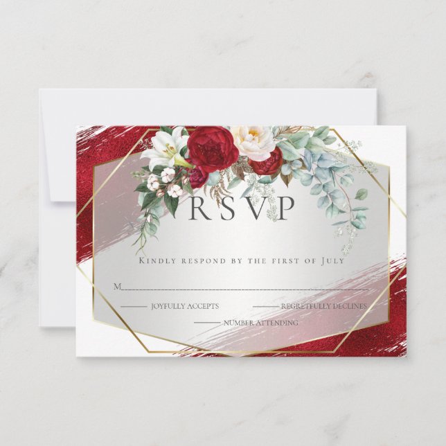 Bold Crimson Ivory Floral Foil Strokes RSVP Karte (Vorderseite)