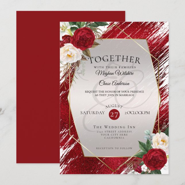 Bold Crimson Paint Stroke Red Peonies Einladung (Vorne/Hinten)