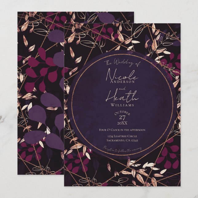 Bold Dark Floral Lila Berry Bronze Wedding Einladung (Vorne/Hinten)