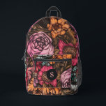 Bold Dark Vintag Florals Magenta Monogram Bedruckter Rucksack<br><div class="desc">Dieser wunderschöne, stilvolle und Vintage Rucksack mit einem kühnen, dunkelmaximalistischen Blumendesign in Korallen, Orange, Lila, Magenta, Rosa, Aqua und Braun. Eine Textvorlage für Monogramme ist im Lieferumfang enthalten. Verwenden Sie sie, um Ihren Rucksack zu personalisieren oder zu entfernen, falls Sie kein Monogramm bevorzugen. Ideal für Jugendliche, die zur Schule gehen...</div>