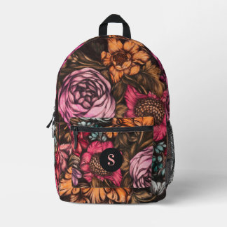 Bold Dark Vintag Florals Magenta Monogram Bedruckter Rucksack