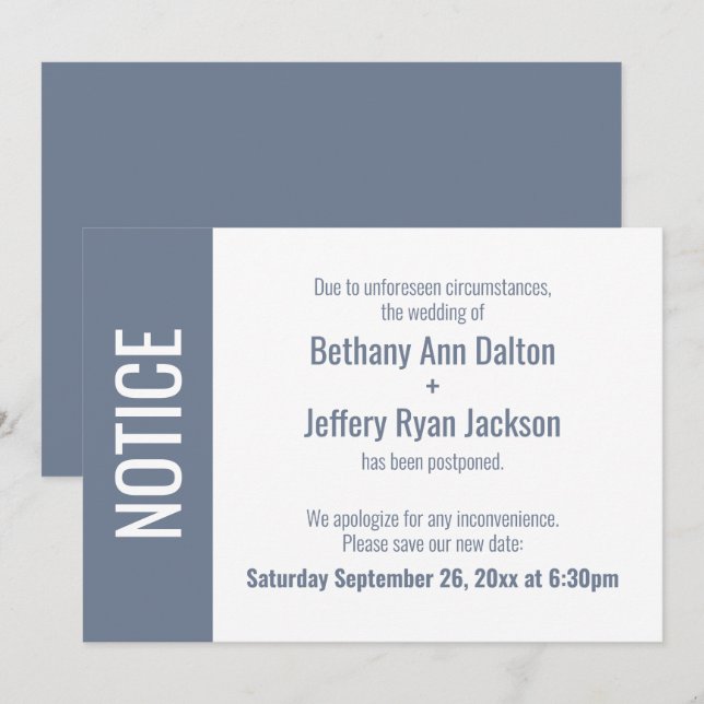 Bold Dusty Blue Notice, Postponed Wedding Card Einladung (Vorne/Hinten)