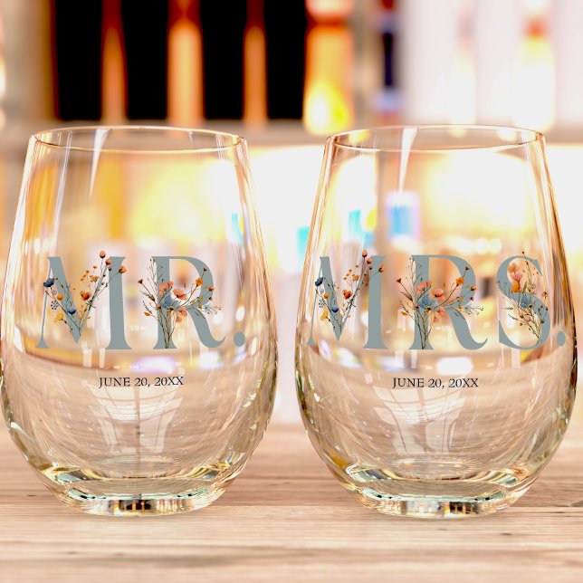 Bold elegante Floral Wedding Mr. and Mrs. Weinglas Ohne Stiel (Von Creator hochgeladen)