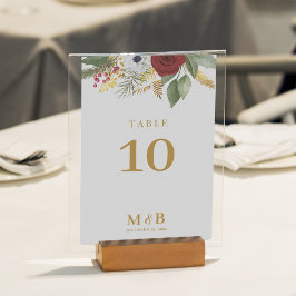 Bold elegante Red Gold Floral Monogram Wedding Tischnummer