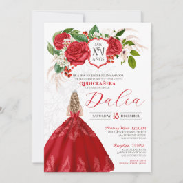 Bold Elegante Rote Rosen Floral Wappen Quinceanera Einladung