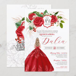 Bold Elegante Rote Rosen Floral Wappen Quinceanera Einladung