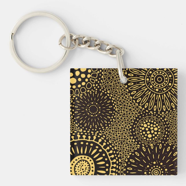 Bold Ethnic Floral Black Gold Acrylic Keychain (Devant)