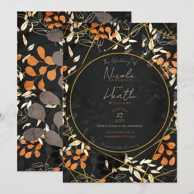 Bold Fall Dark Floral Orange Gold Wedding Einladung (Vorne/Hinten)