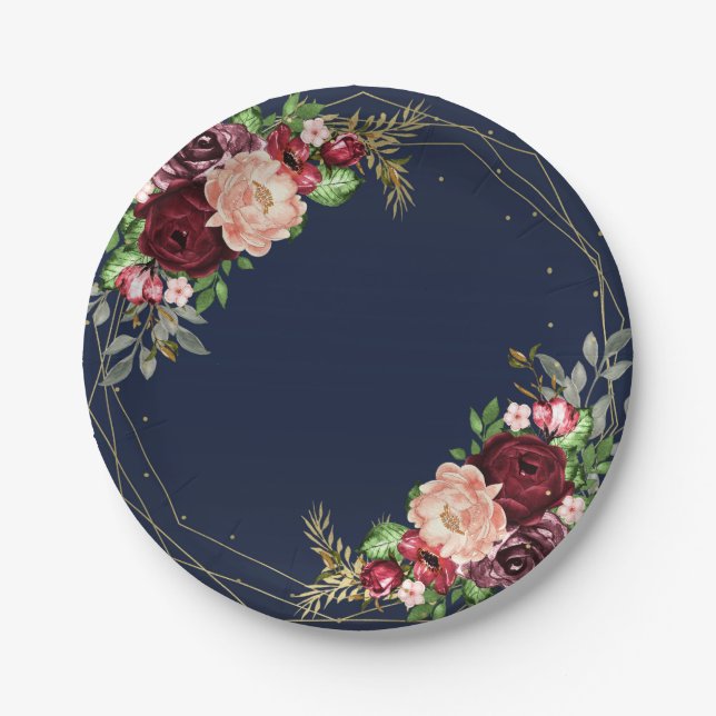 Bold Fall Floral Navy Blue Gold & Burgundy Wedding Pappteller (Vorderseite)